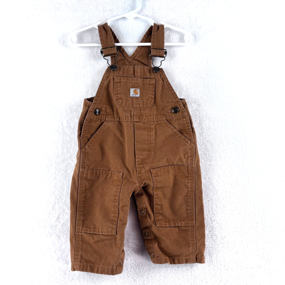 CARHARTT Bib Overalls Infant 6M Cotton Duck Canvas Double Knee Brown Leg Snaps